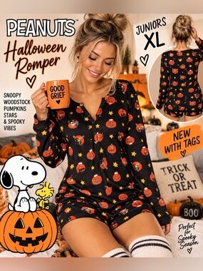 🎃 Peanuts Halloween Romper Juniors XL Snoopy Woodstock Pumpkin NWT